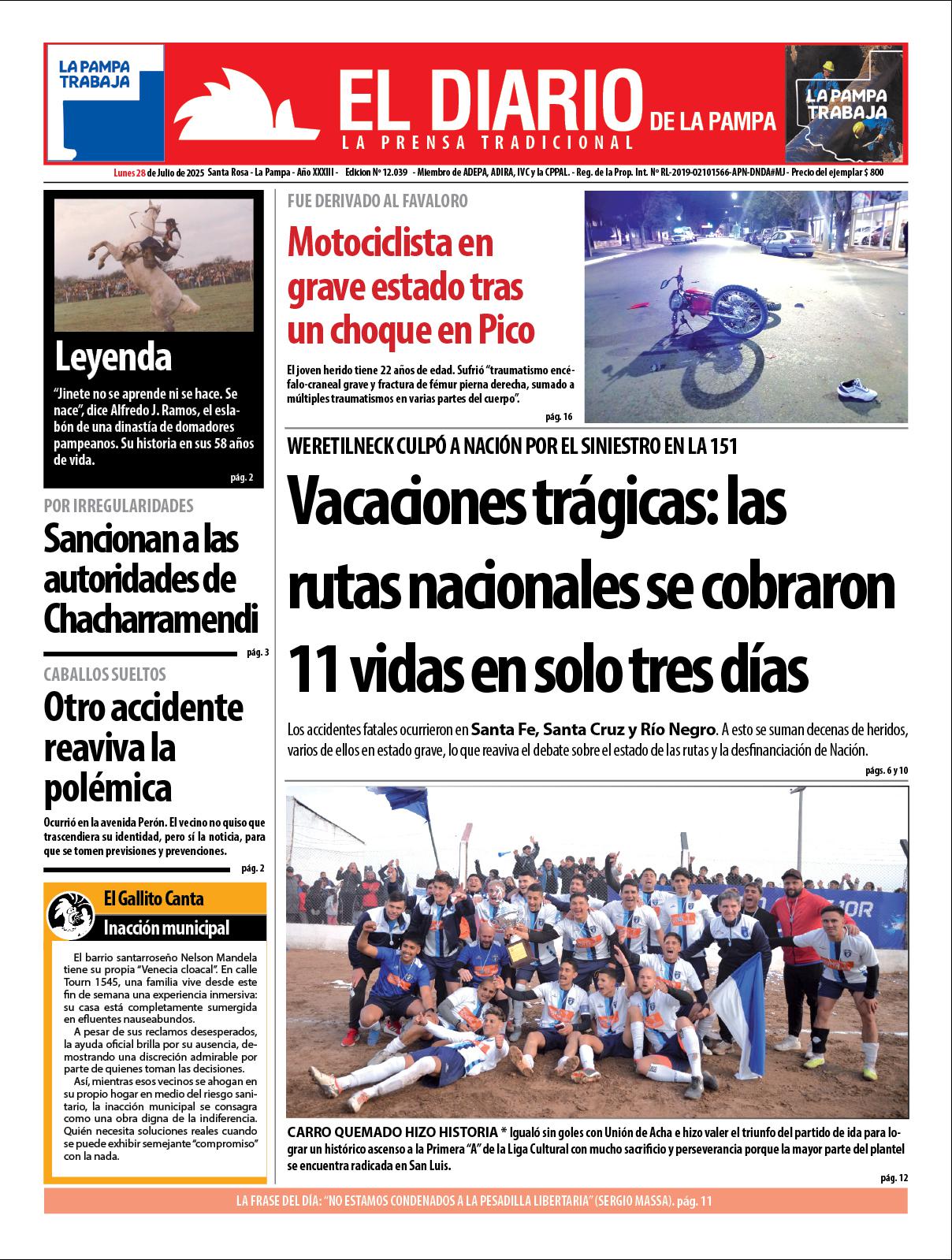 Tapa de El Diario en papel  lunes 28 de julio de 2025